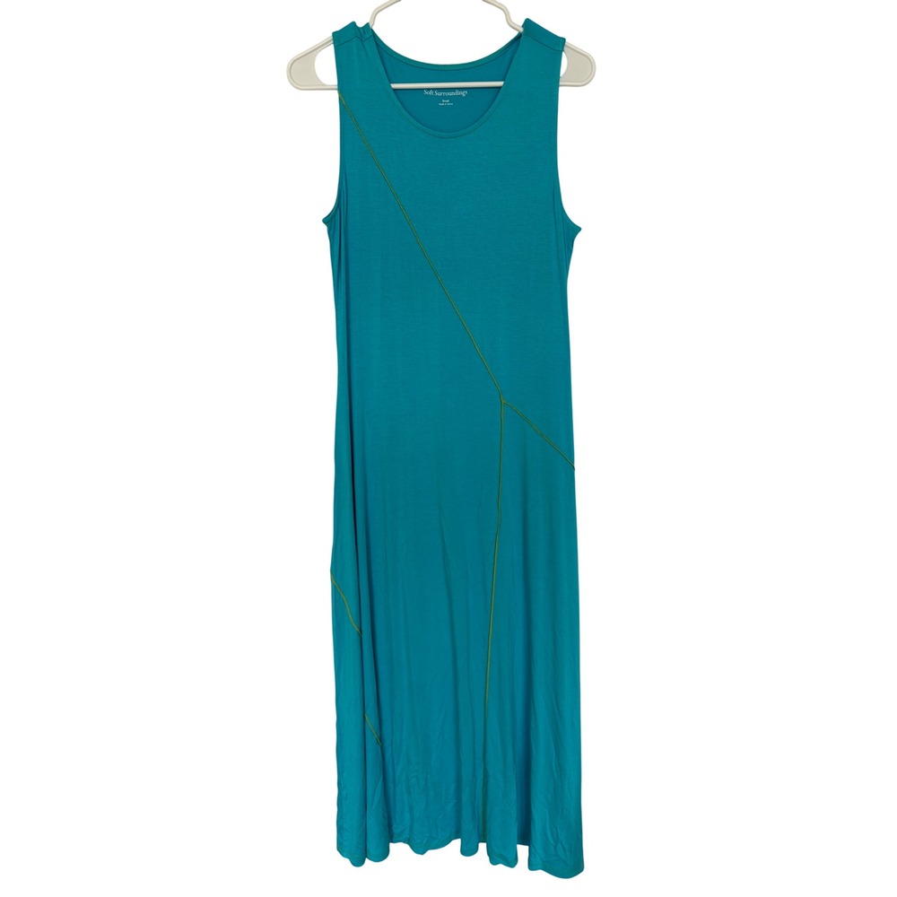 Soft Surroundings Teal Blue Sleeveless Maxi Dress Lime Green Exposed Seams Small - Picture 2 of 7